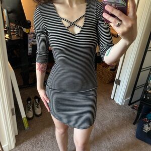 Black and White Striped Dress with V-Neck